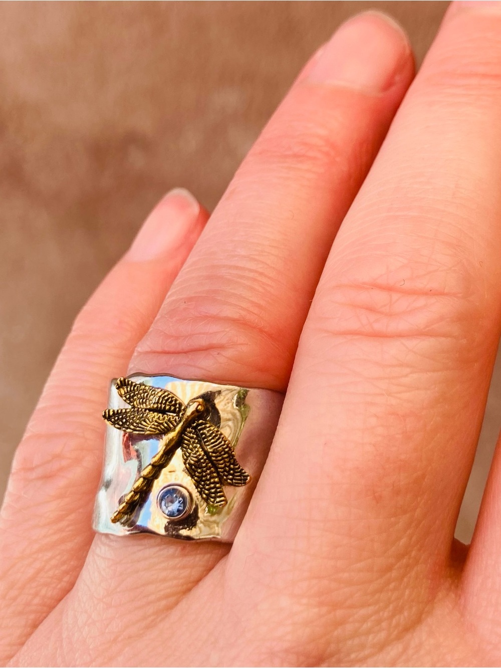 Dragonfly Accent Wide Band Ring in Silver and Gold Tones